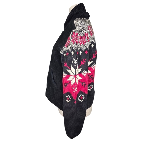 Coldwater Creek Suede Fair Isle Knit Jacket PXL Nordic Cottagecore Winter Coat - Picture 5 of 11
